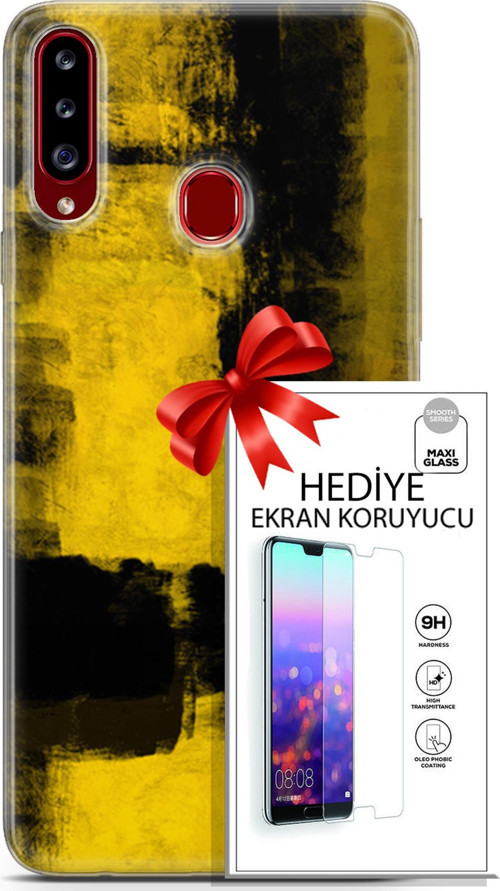 Samsung Galaxy A20S Kılıf Orijinal Seri Nature 08 Sarı Siyah Baskılı Kılıf + Ekran Koruyucu