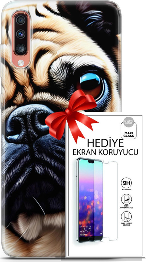 Samsung Galaxy A70 Kılıf Orijinal Seri Dogs 08 Pug Baskılı Kılıf + Ekran Koruyucu