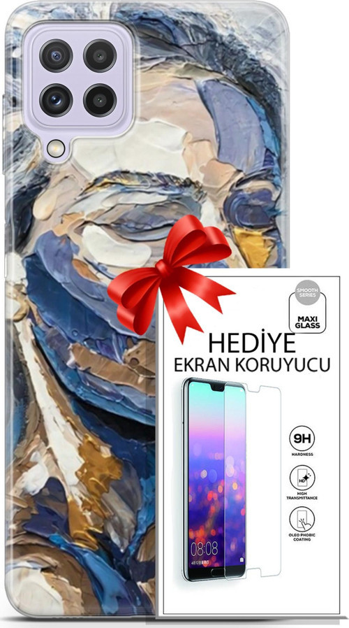 Samsung Galaxy M32 Kılıf Orijinal Seri Soul 06 Mavi Yüz Koruyucu Kapak Ekran Koruyucu