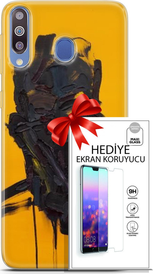 Samsung Galaxy M30 Kılıf Orijinal Seri Soul 07 Sarı Siyah Desenli Kılıf + Ön Ekran Koruyucu