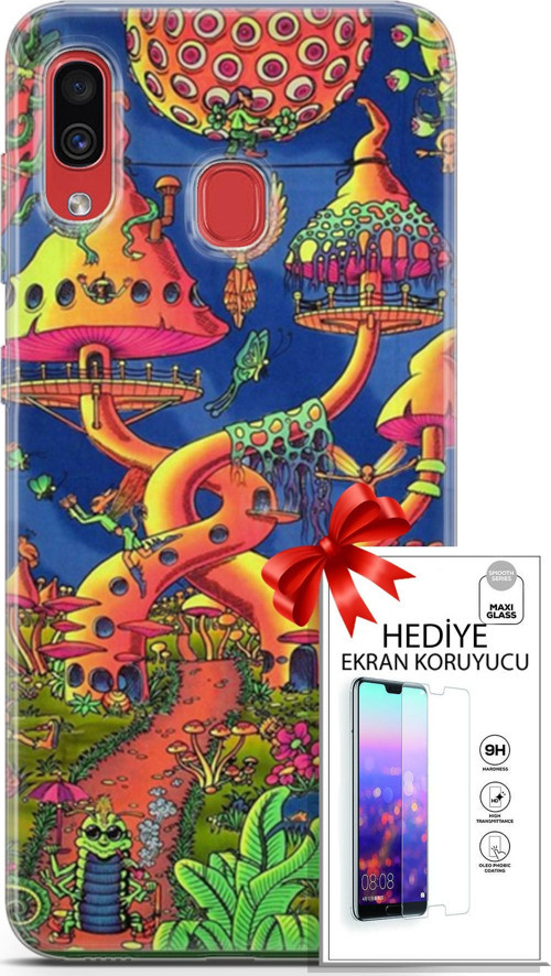 Samsung Galaxy A30 Kılıf Orijinal Seri Cardano 05 Mantar Evler Koruma Kılıfı + Ekran Koruyucu