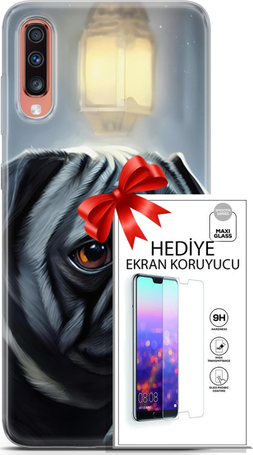 Samsung Galaxy A70 Kılıf Orijinal Seri Dogs 30 Pug Kenarları Şeffaf Kapak Ve Ekran Koruyucu