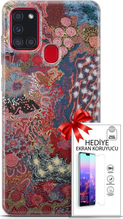 Samsung Galaxy A21S Kılıf Orijinal Seri Cardano 07 Suluboya Desenli Kılıf + Ön Ekran Koruyucu