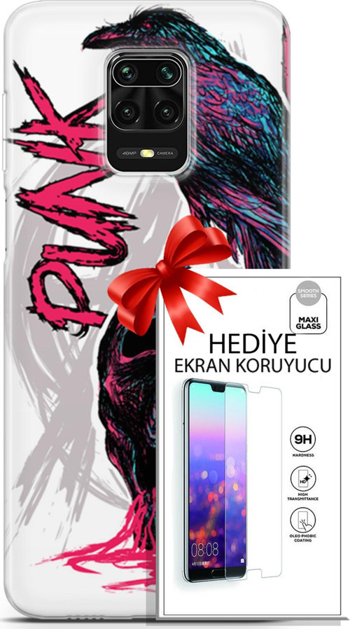 Xiaomi Redmi Note 9 Pro Kılıf Orijinal Seri Punky 03 Karga İskelet Arka Kapak + Ekran Koruyucu