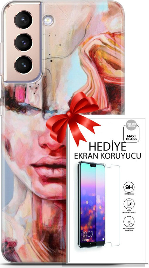 Samsung Galaxy S21 Plus Kılıf Orijinal Seri Soul 14 Beyaz Kırmızı Cover Kılıf + Ön Ekran Koruyucu