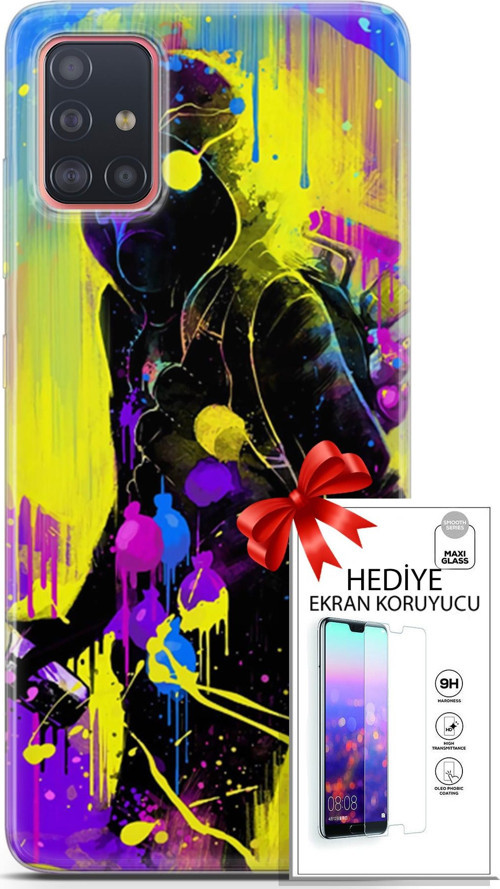 Samsung Galaxy A51 Kılıf Orijinal Seri Cardano 19 Sarı Mavi Mor Tam Koruma Kılıf + Ekran Koruyucu