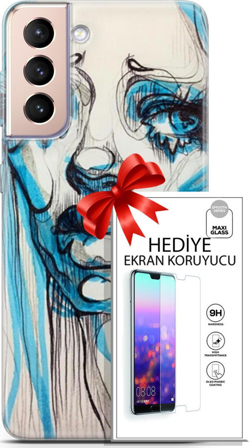 Samsung Galaxy S21 Plus Kılıf Orijinal Seri Soul 26 Hüzünlü Yüz Soft Kapak + Ekran Koruyucu