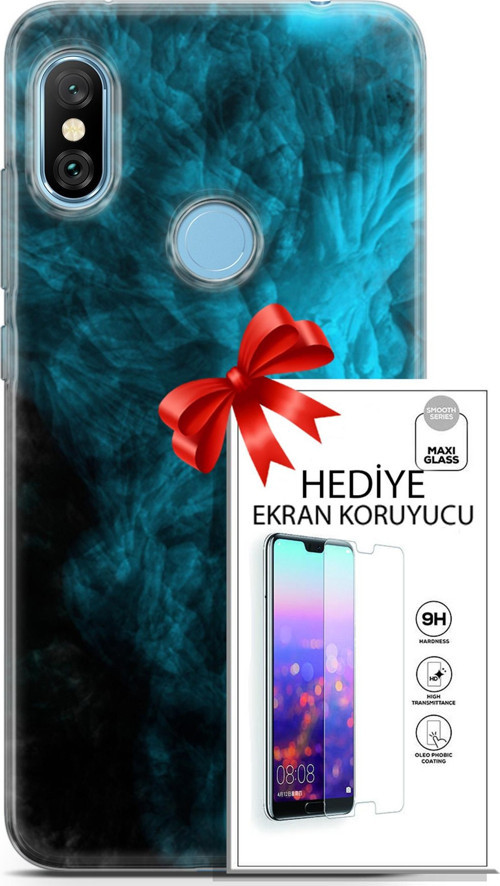 Xiaomi Redmi Note 6 Pro Kılıf Orijinal Seri Nature 15 Mavi Taşlar Kalın Silikon + Ekran Koruyucu
