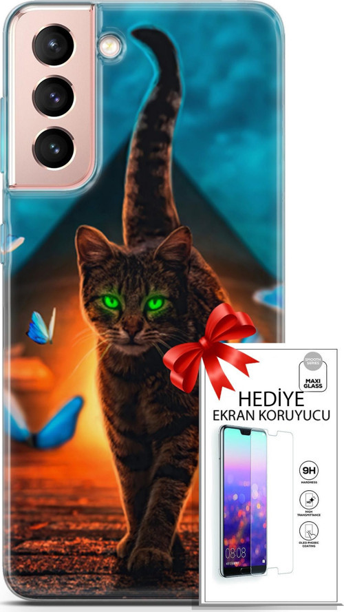Samsung Galaxy S21 Kılıf Orijinal Seri Algorand 09 Yeşil Neon Kedi Uv Kılıf Ve Ekran Koruyucu