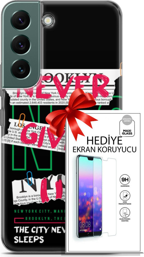 Samsung Galaxy S22 Kılıf Orijinal Seri Punky 21 Never Give Up Darbe Önleyici Kapak + Ön Ekran Koruyucu