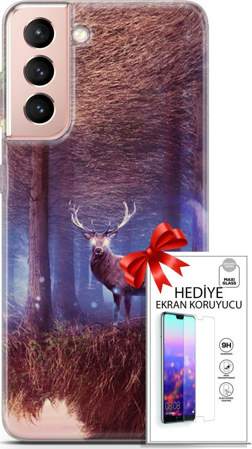 Samsung Galaxy S21 Kılıf Orijinal Seri Algorand 15 Büyük Boynuzlar Kalın Silikon + Ekran Koruyucu