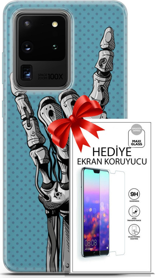 Samsung Galaxy S20 Ultra Kılıf Orijinal Seri Cyberpunk 07 Robot Eli Desenli Kılıf + Ön Ekran Koruyucu