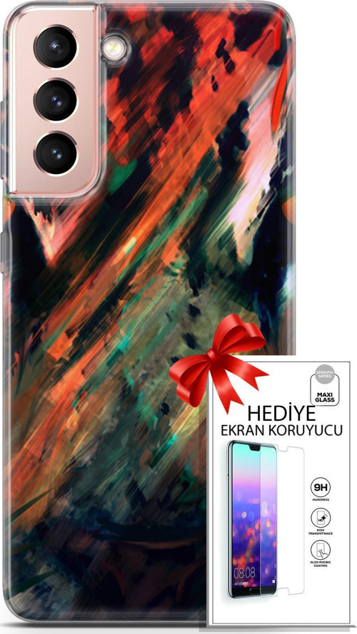 Samsung Galaxy S21 Kılıf Orijinal Seri Algorand 20 Kırmızı Yeşil Renkli Kılıf Ekran Koruyucu