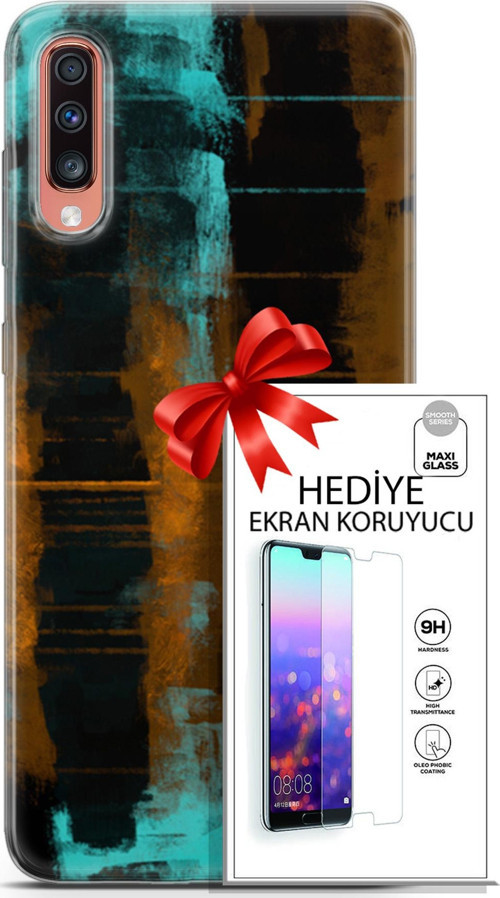 Samsung Galaxy A70 Kılıf Orijinal Seri Nature 05 Turkuaz Siyah Koruma Kılıfı + Ekran Koruyucu