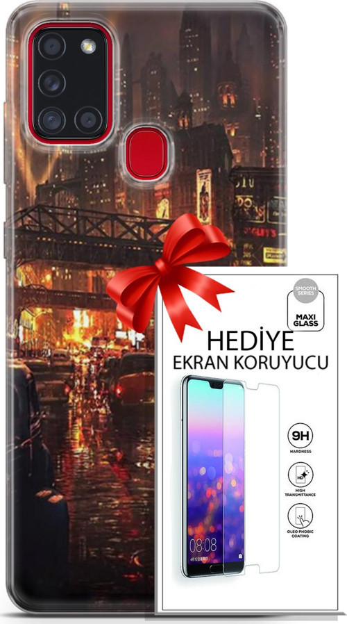 Samsung Galaxy A21S Kılıf Orijinal Seri Cyberpunk 23 Gökdelenler Telefon Kabı Ve Ekran Koruyucu
