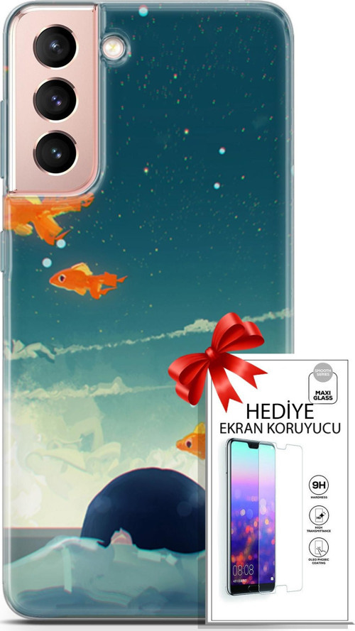 Samsung Galaxy S21 Kılıf Orijinal Seri Algorand 29 Uçan Balıklar Leke Tutmaz Kapak + Ekran Koruyucu