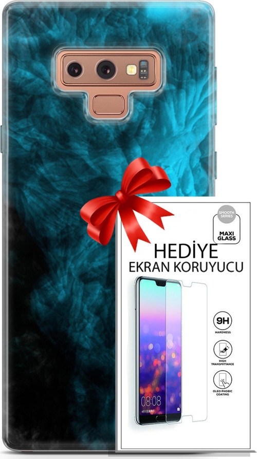 Samsung Galaxy Note 9 Kılıf Orijinal Seri Nature 15 Mavi Taşlar Kalın Silikon + Ekran Koruyucu