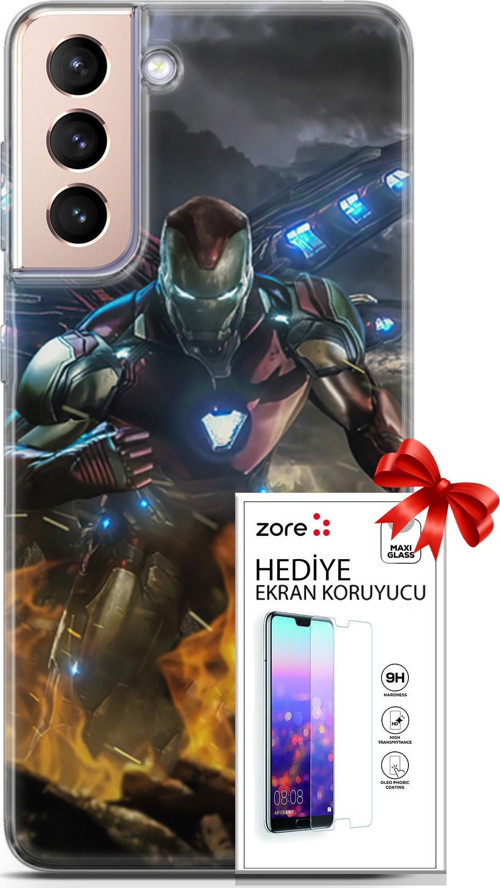 Samsung Galaxy S21 Plus Kılıf Orijinal Seri Supers 30 Iron Man Kenarları Şeffaf Kapak Ve Ekran Koruyucu