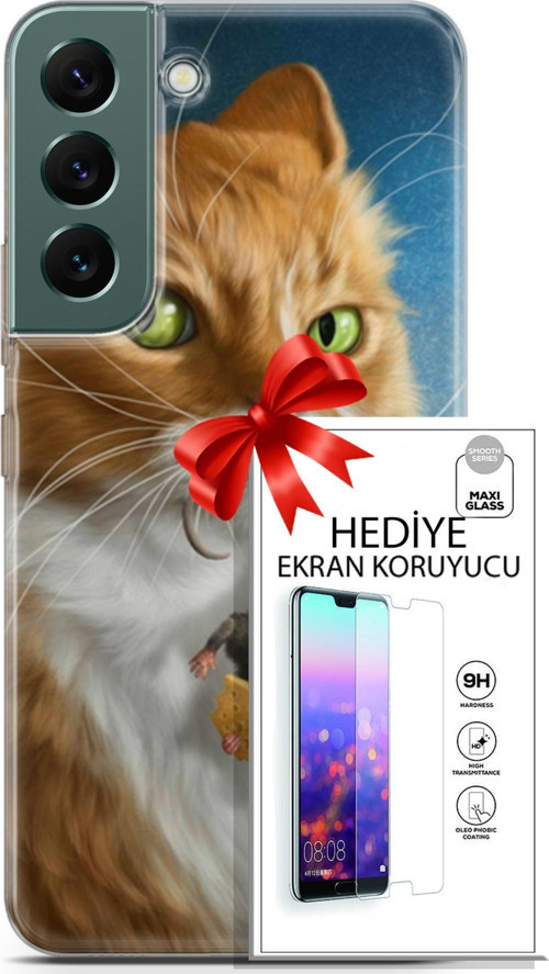 Samsung Galaxy S22 Kılıf Orijinal Seri Scotish-British 14 Sibirya Kedisi Avcı Cover Kılıf + Ön Ekran Koruyucu
