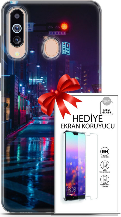 Samsung Galaxy M40 Kılıf Orijinal Seri Cyberpunk 15 Neon Cadde Kalın Silikon + Ekran Koruyucu
