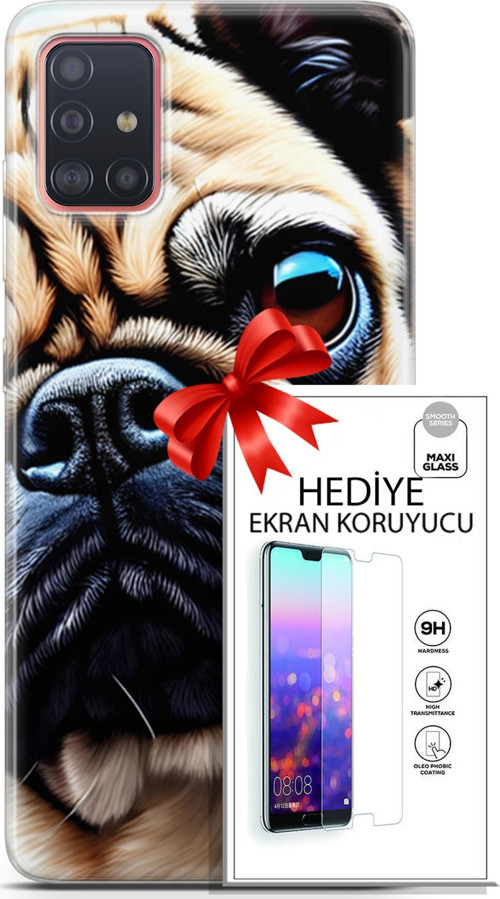 Samsung Galaxy A51 Kılıf Orijinal Seri Dogs 08 Pug Baskılı Kılıf + Ekran Koruyucu