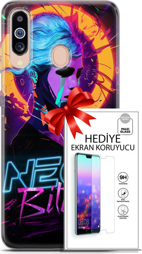 Samsung Galaxy M40 Kılıf Orijinal Seri Cyberpunk 25 Neon Soyulmayan Kılıf + Ekran Koruyucu Full Koruma