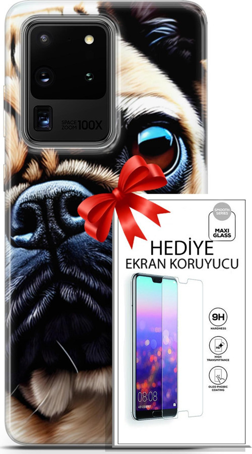 Samsung Galaxy S20 Ultra Kılıf Orijinal Seri Dogs 08 Pug Baskılı Kılıf + Ekran Koruyucu