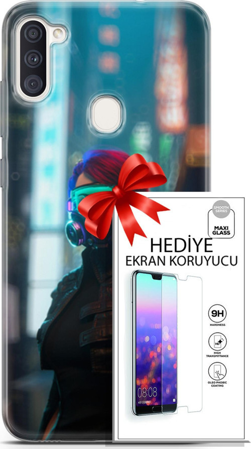 Samsung Galaxy M11 Kılıf Orijinal Seri Cyberpunk 04 Vr Glass Silikon Kılıf + Ekran Koruyucu Full Koruma