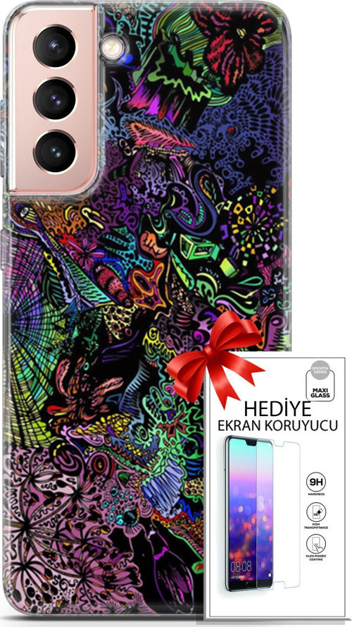 Samsung Galaxy S21 Kılıf Orijinal Seri Cardano 03 Karışık Renkler Arka Kapak + Ekran Koruyucu