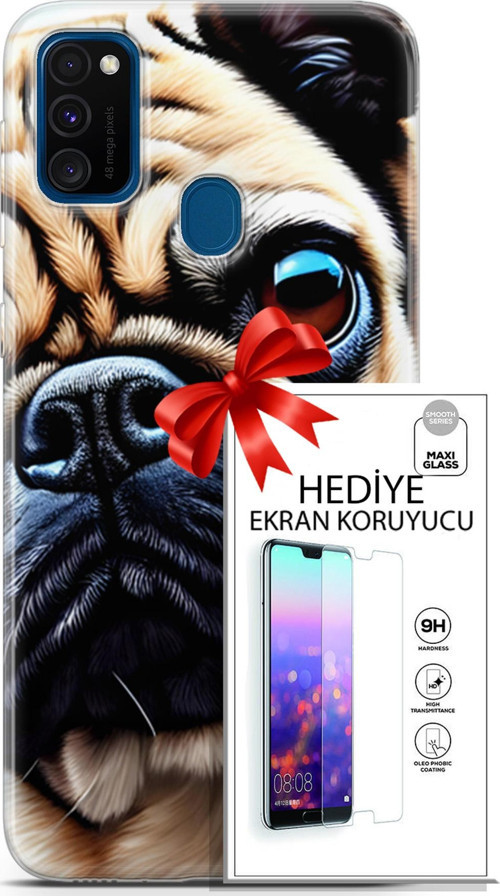 Samsung Galaxy M30S Kılıf Orijinal Seri Dogs 08 Pug Baskılı Kılıf + Ekran Koruyucu