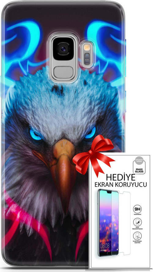 Samsung Galaxy S9 Kılıf Orijinal Seri Algorand 11 Baykuş Sert 4K Baskılı Kılıf + Ekran Koruyucu Full