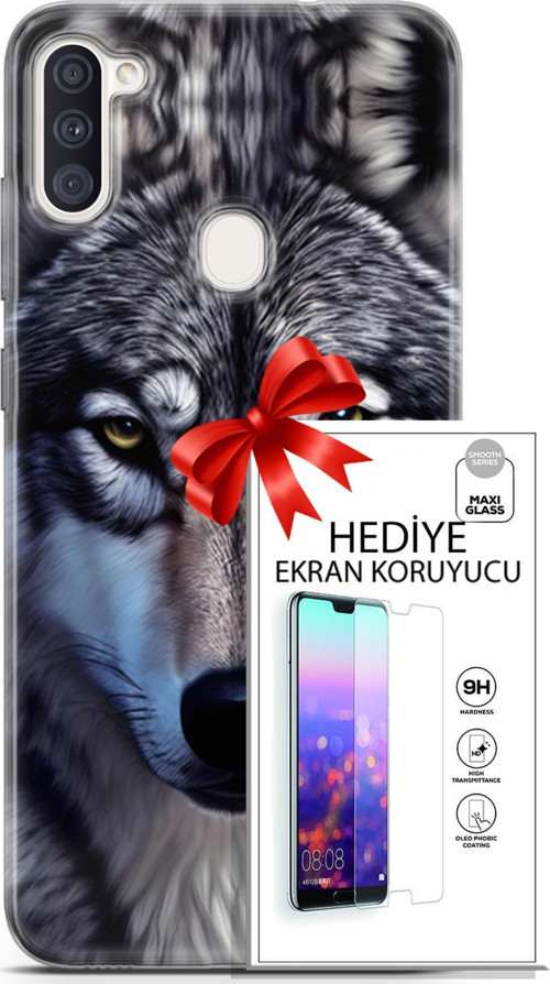 Samsung Galaxy M11 Kılıf Orijinal Seri Dogs 07 Kurt Yüz Desenli Kılıf + Ön Ekran Koruyucu