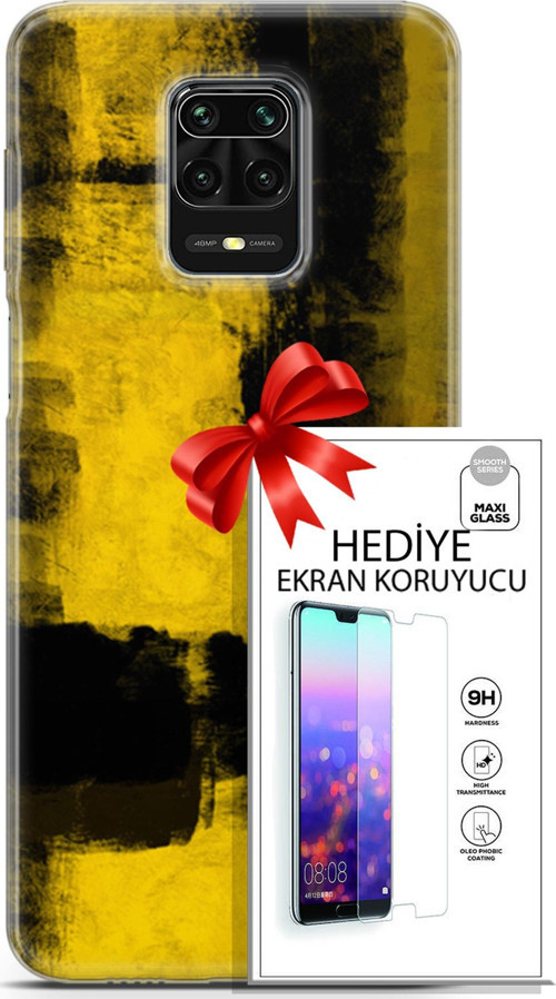 Xiaomi Redmi Note 9S Kılıf Orijinal Seri Nature 08 Sarı Siyah Baskılı Kılıf + Ekran Koruyucu