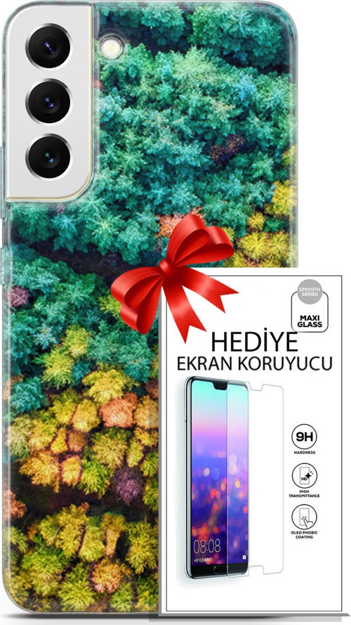 Samsung Galaxy S22 Plus Kılıf Orijinal Seri Fantasy 08 Kuşbakışı Orman Baskılı Kılıf + Ekran Koruyucu