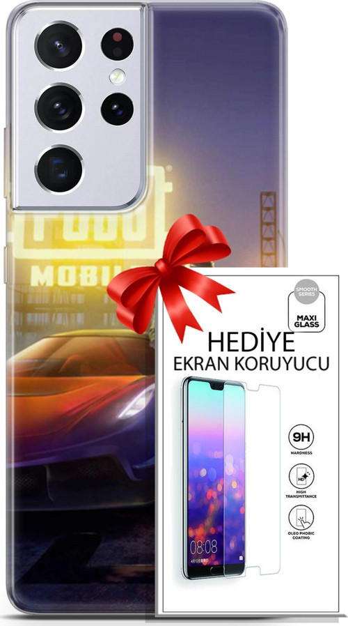 Samsung Galaxy S21 Ultra Kılıf Orijinal Seri Pubg 17 Arabalı Yumuşak Kılıf + Ekran Koruyucu