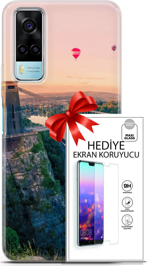 Vivo Y53S 4G Kılıf Orijinal Seri Fantasy 07 Köprü Balonlar Desenli Kılıf + Ön Ekran Koruyucu