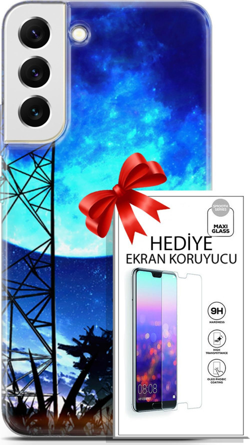 Samsung Galaxy S22 Plus Kılıf Orijinal Seri Fantasy 24 Mavi Ay Darbe Emici Kılıf + Ekran Koruyucu