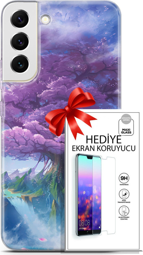 Samsung Galaxy S22 Plus Kılıf Orijinal Seri Fantasy 27 Bahar Ağaç Lazer Kesim Silikon Ekran Koruyucu