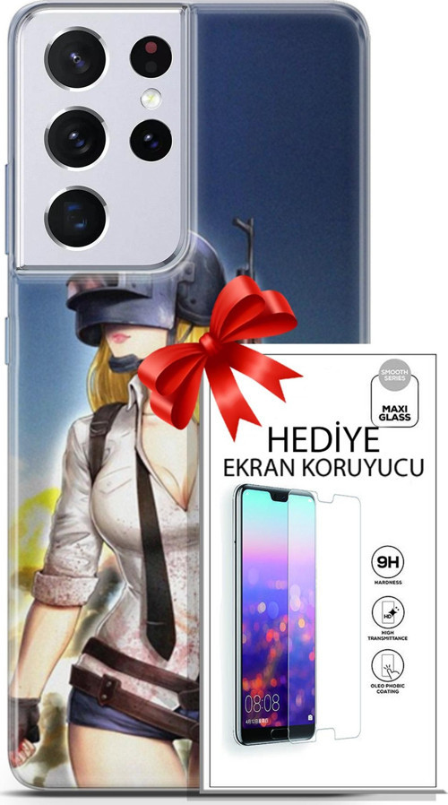 Samsung Galaxy S21 Ultra Kılıf Orijinal Seri Pubg 27 Anna Lazer Kesim Silikon Ekran Koruyucu