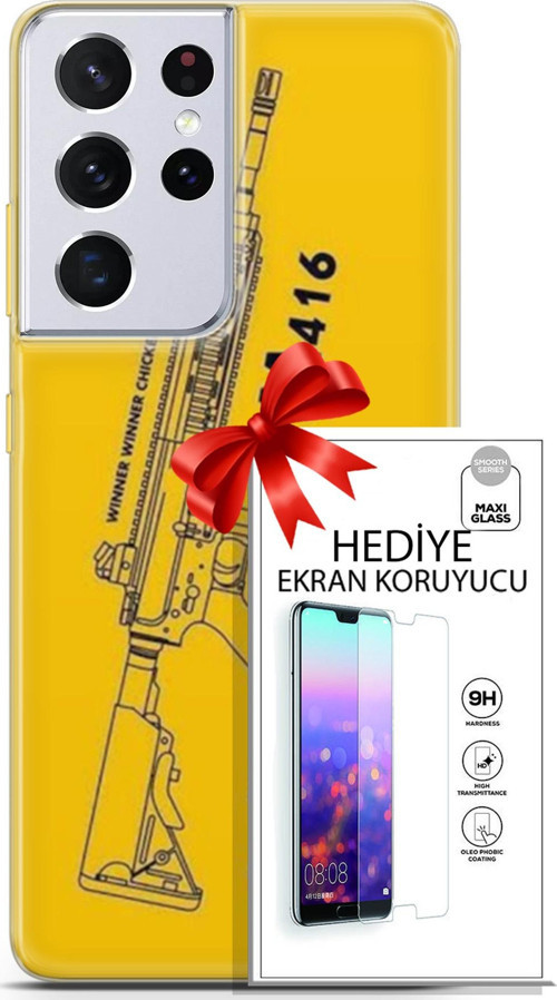 Samsung Galaxy S21 Ultra Kılıf Orijinal Seri Pubg 28 M416 İz Bırakmayan Kılıf + Ön Ekran Koruyucu