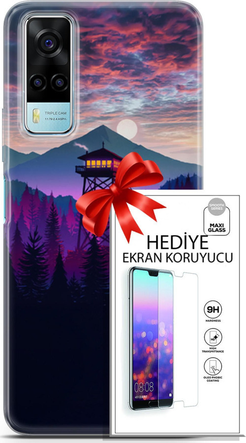 Vivo Y53S 4G Kılıf Orijinal Seri Fantasy 17 Orman Kule Yumuşak Kılıf + Ekran Koruyucu