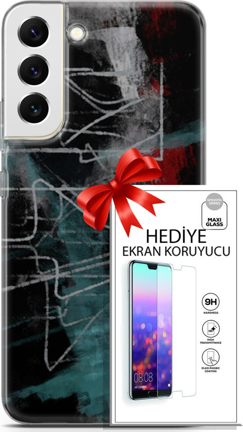 Samsung Galaxy S22 Plus Kılıf Orijinal Seri Nature 07 Gri Çizgiler Desenli Kılıf + Ön Ekran Koruyucu