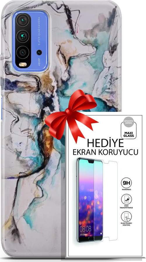 Xiaomi Redmi 9T Kılıf Orijinal Seri Soul 11 Turkuaz 4K Baskılı Kılıf + Ekran Koruyucu Full Koruma