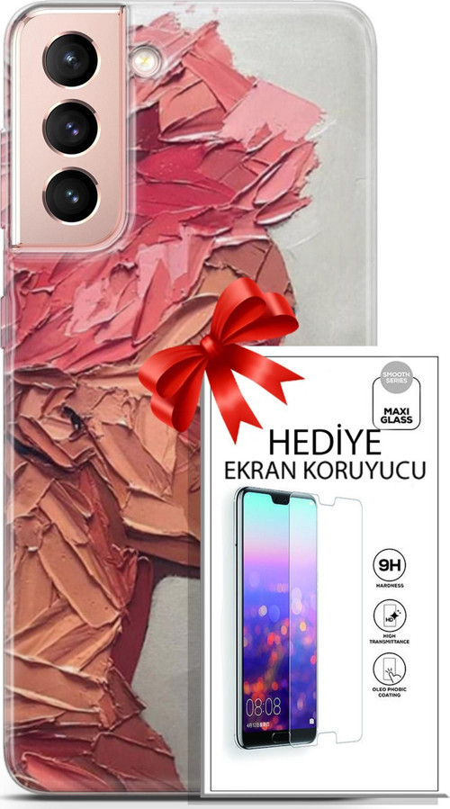 Samsung Galaxy S21 Kılıf Orijinal Seri Soul 08 Pembe Baskılı Kılıf + Ekran Koruyucu