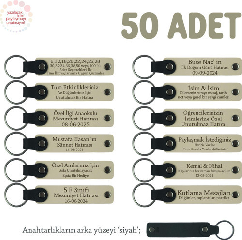 Sütlü Kahve & Siyah, Sünnet Töreni İçin İsim Yazılabilen Anı & Hatıra Anahtarlıkları 50’li Set