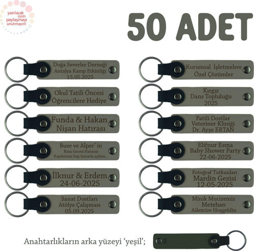 Kül Gri & Yeşil, Sünnet Düğün Kutlaması İçin Mesajlı Hatıra Anahtarlık 50’li Set, Konuklara Özel