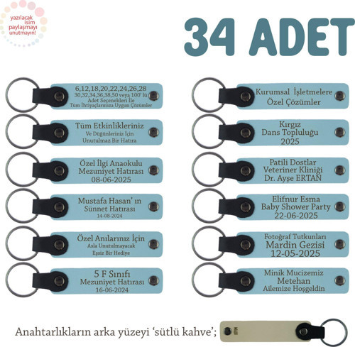 Gök Mavi & Sütlü Kahve, Sevgiliye Doğum Günü Hediyesi, Kişiye Özel İsimli Anahtarlık 34' lü Set