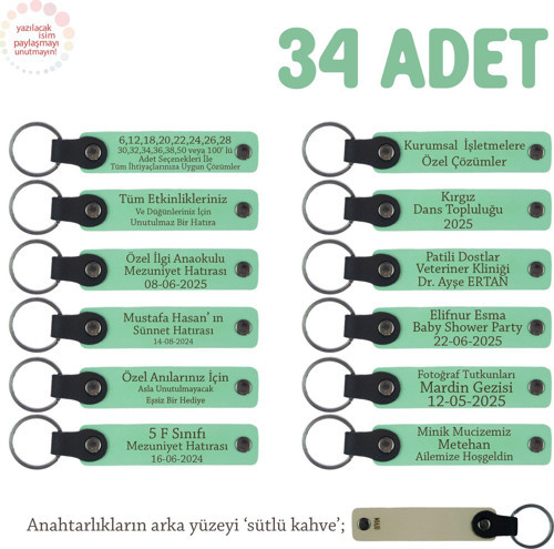 Açık Yeşil & Sütlü Kahve, Sevgiliye Doğum Günü Hediyesi, Kişiye Özel İsimli Anahtarlık 34' lü Set