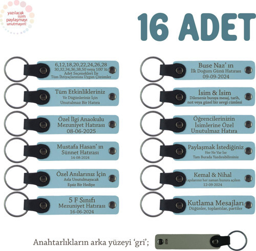 Gök Mavi & Gri, Okul Törenleri İçin Öğretmen İsmi Yazılı 16'lı Set, Hediyelik Hatıra Anı Anahtarlığı