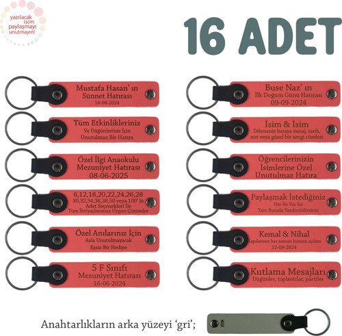 Nar Çiçeği & Gri, 40 Uçurma Mevlüdü İçin Üzerine İsim Yazılabilen 16'lı, Anı Anahtarlık Set